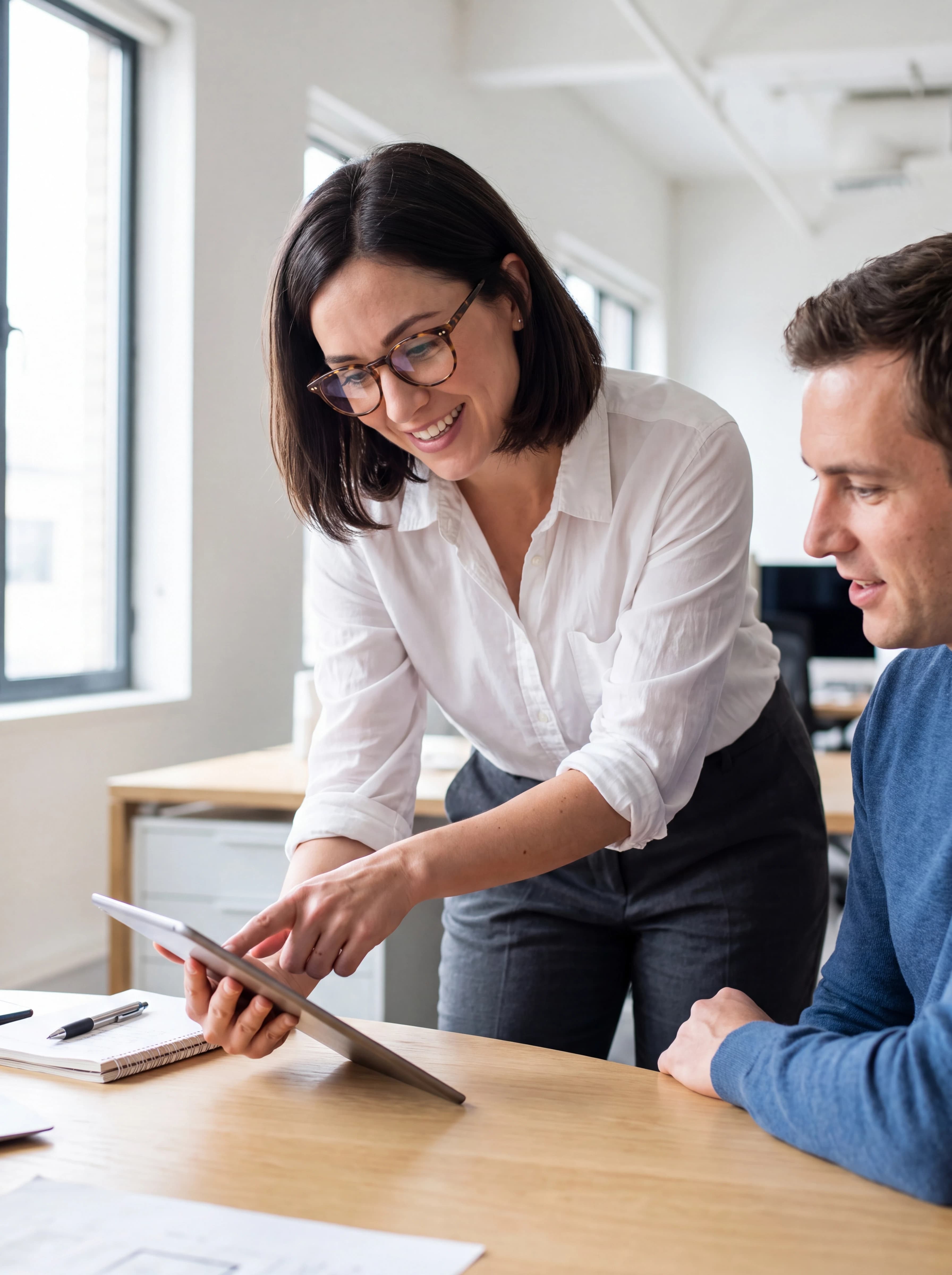 A team member discussing a tablet at a shared office table