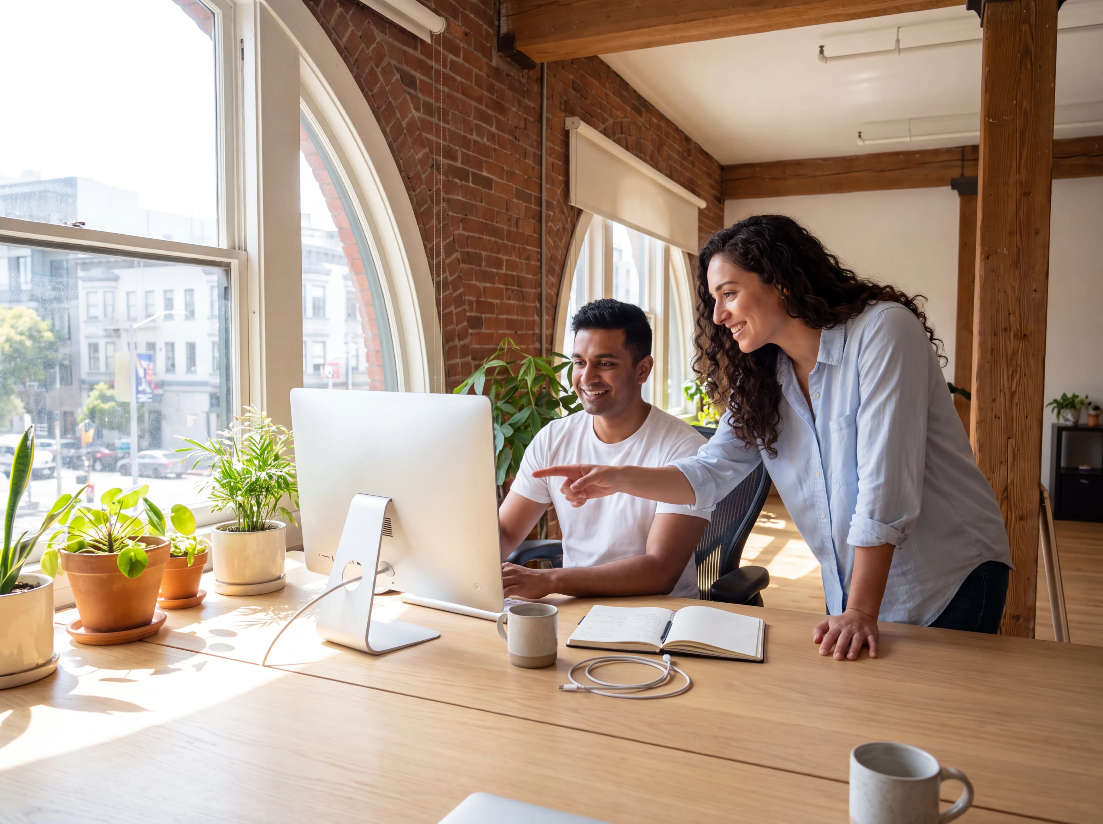 Two teammates setting up Summer in a sunlit workspace