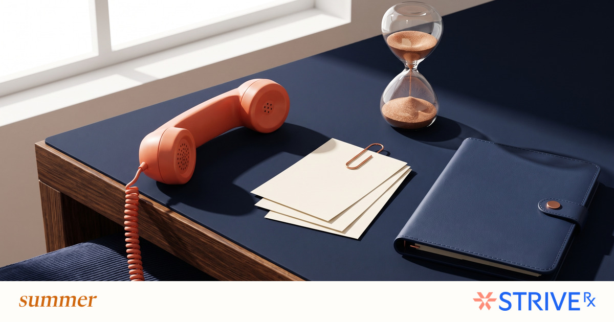 A phone, callback slips and closed case folder illustrate pharmacy follow-through, with Summer and Strive logos.