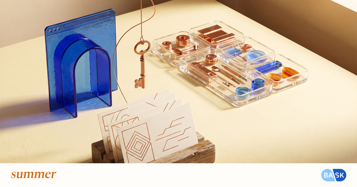 A blue browser arch, key and instruction cards represent AI access choices, with Summer and Bask logos.