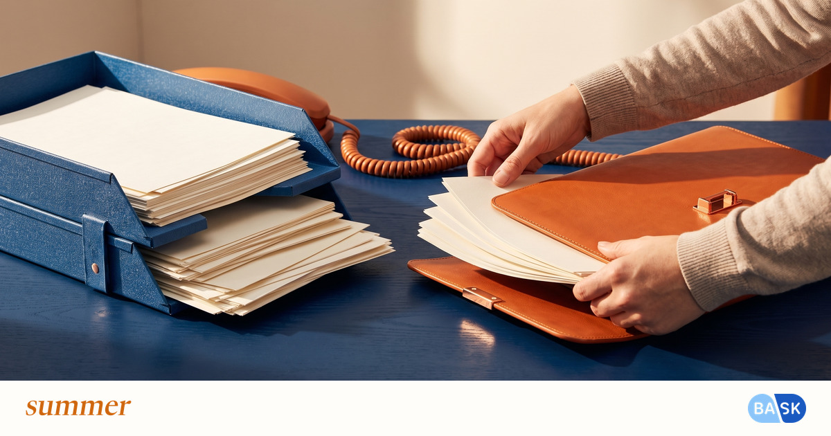 Hands gather loose messages into one case beside a phone cord, with Summer and Bask logos.