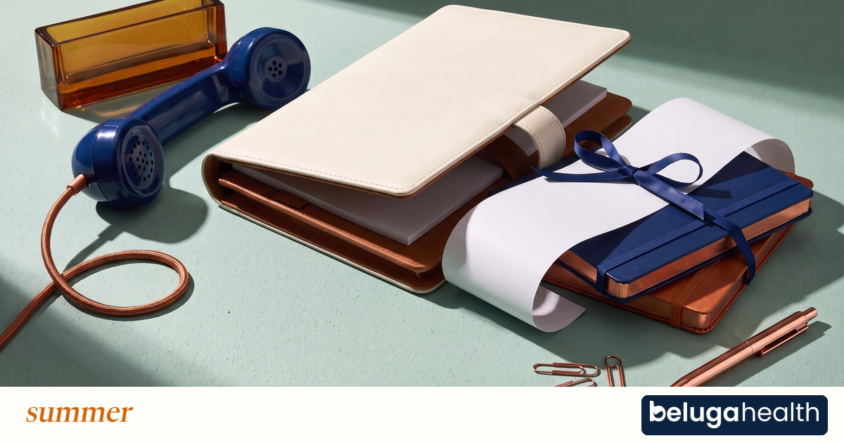 A phone, calendar and receipt surround an open case, illustrating follow-through with Beluga Health.