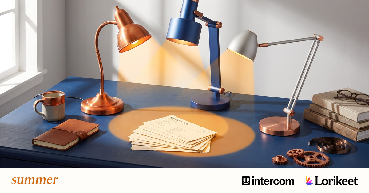 Three different desk lamps illuminate the same support tickets, with Summer, Intercom and Lorikeet logos.