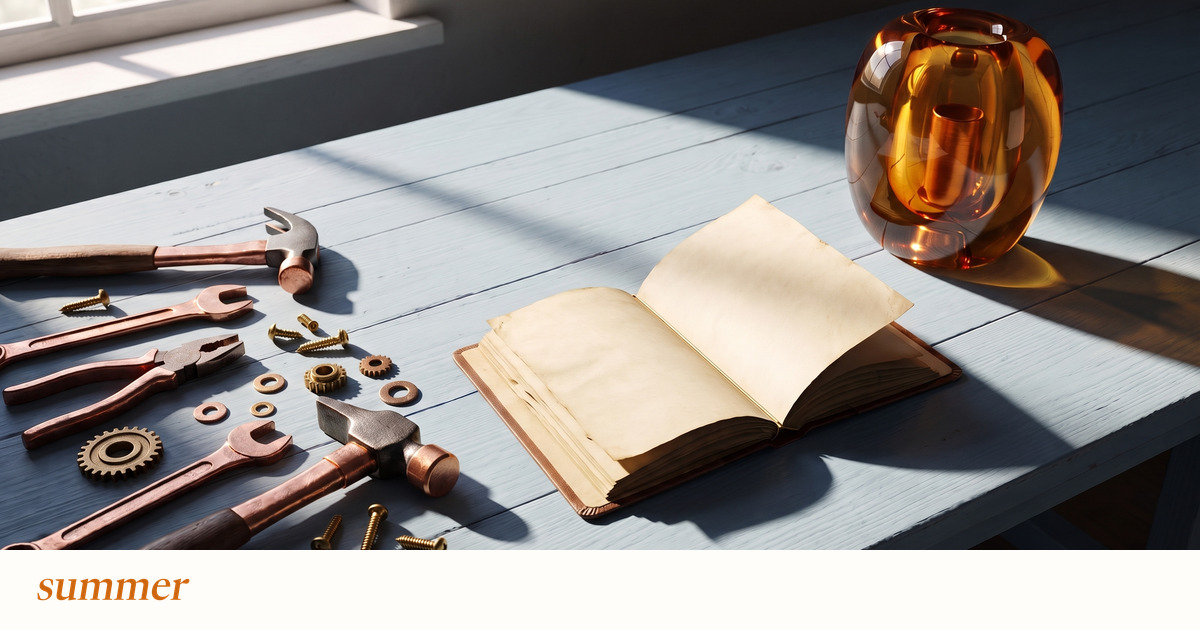 An open tool kit and finished amber desk object beside a case file, illustrating build-versus-buy choices.