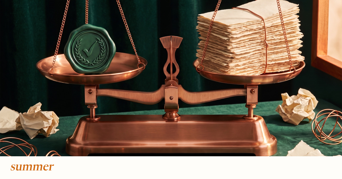 A copper balance scale weighs a verified case against a stack of replies, illustrating support measurement.