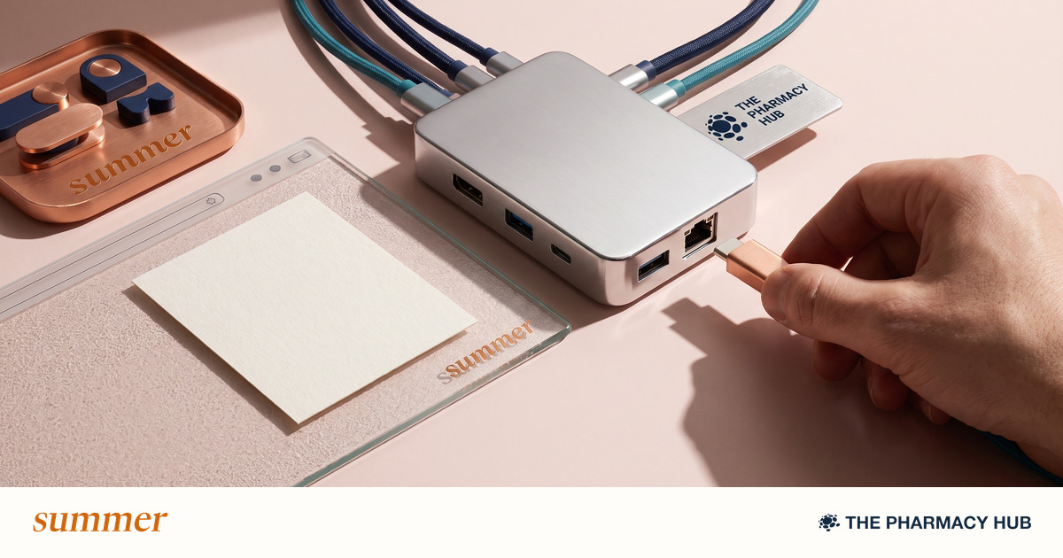 A connector poised beside a hub and order slip illustrates integration evaluation, with The Pharmacy Hub logo.