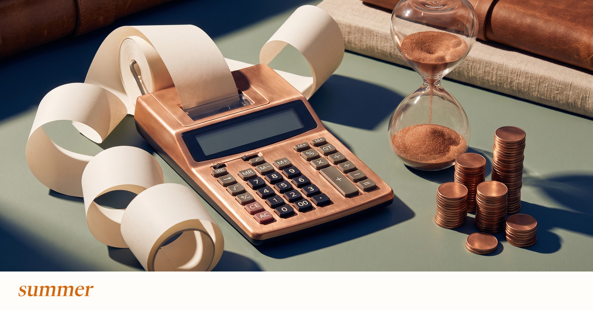 Receipt paper, calculator, coins and hourglass illustrate the full cost of operating AI support.